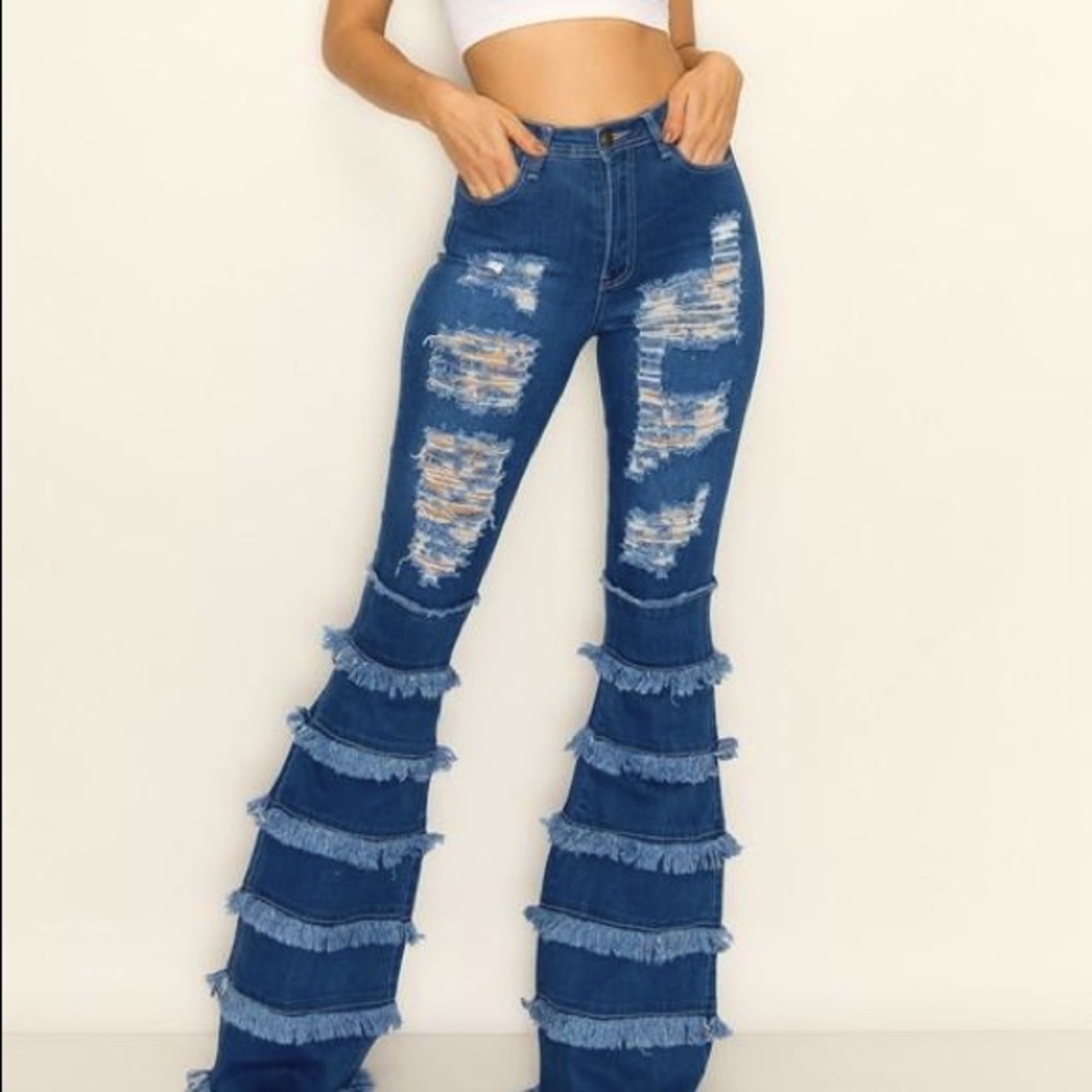 High Waisted Bell Bottom Distressed Jeans